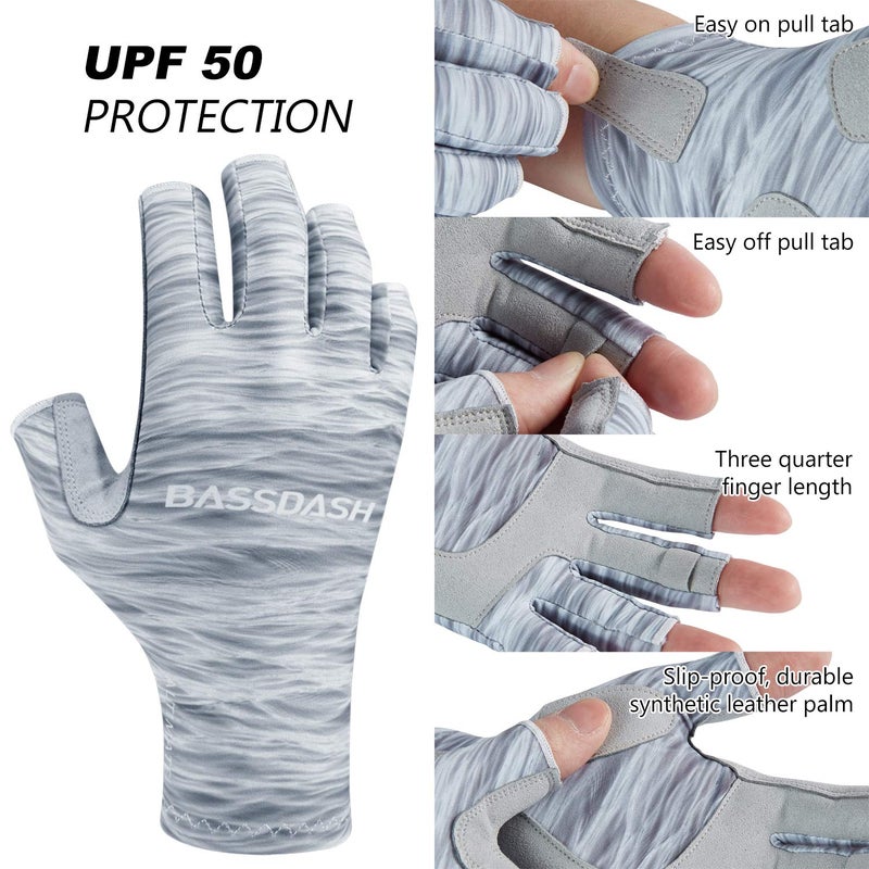 BASSDASH ALTIMATE UPF 50+ Womenâ€™s Fishing Gloves UV Sun Protection Fingerless Gloves for Kayaking Paddling Hiking Cycling Driving Shooting Training (Grey Water Camo, M) - Image 2